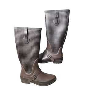 L.L. Bean Womens Brown Houndstooth Pull On Rubber Tall Wellie Rain Boots Size 9